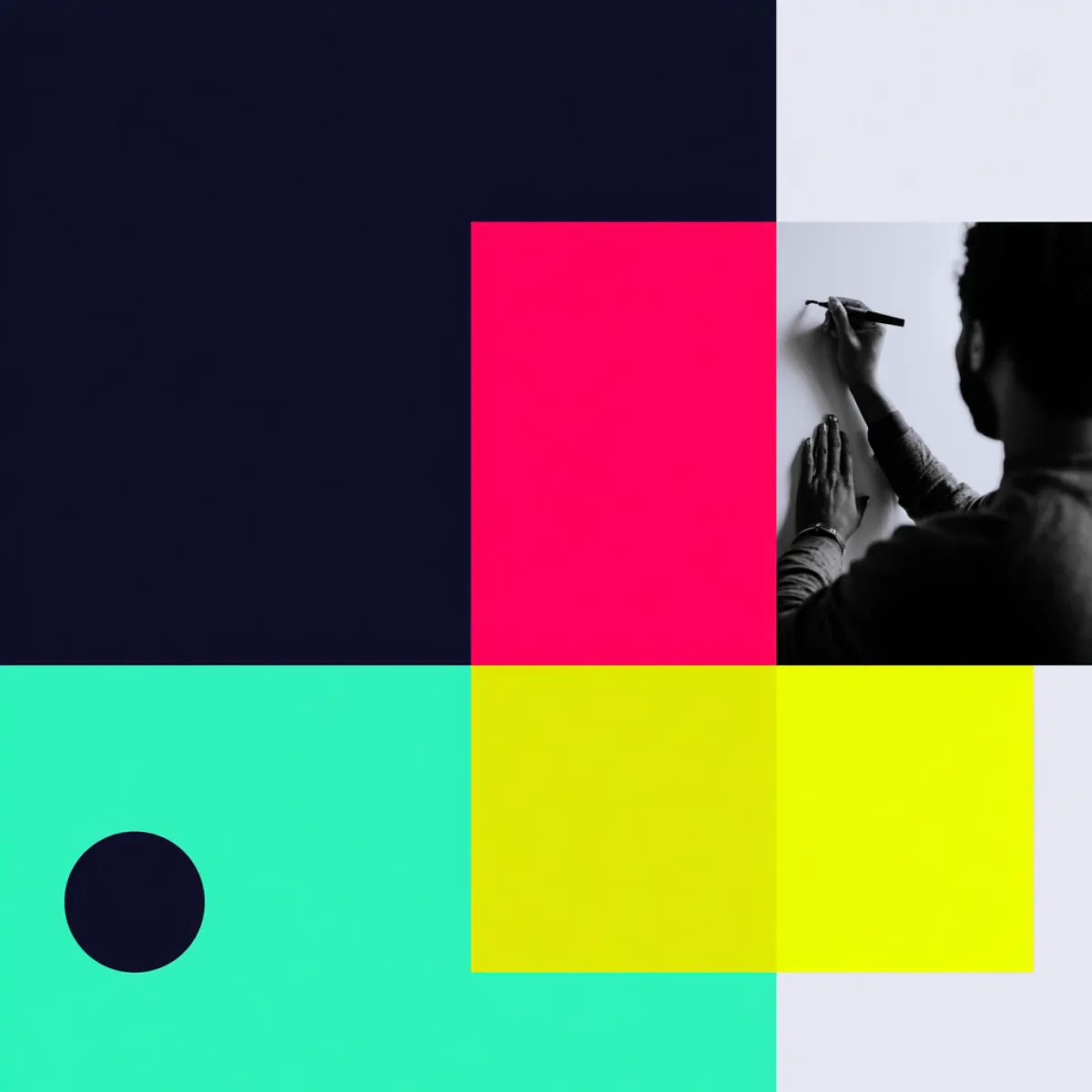 Blocks of brand colour behind a hand writing on a board