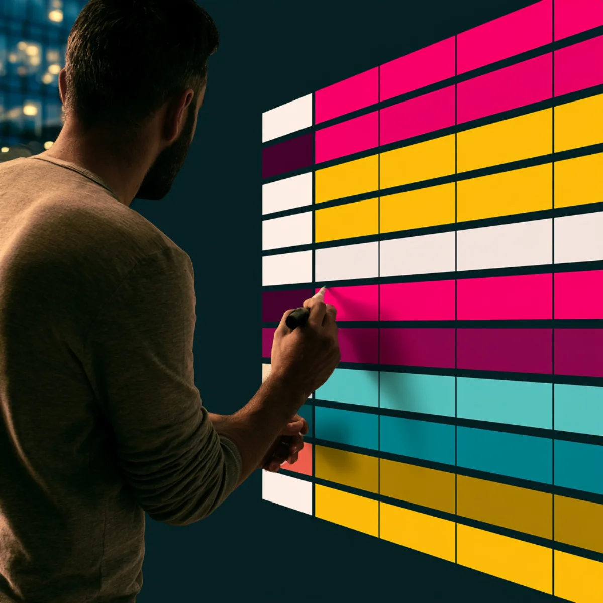 A colleague talking through a plan at a wall of cards in the studio